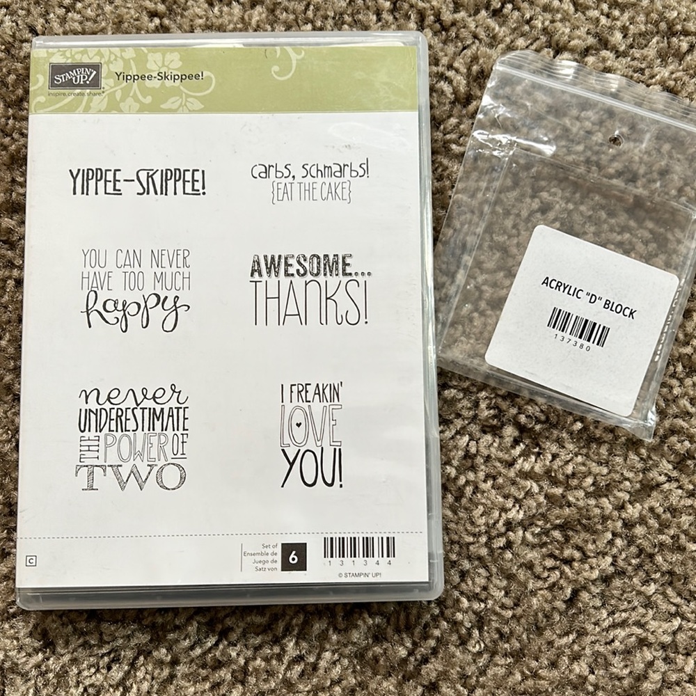 Never used Stampin’ Up Yippee Skippe stamps and acrylic D block